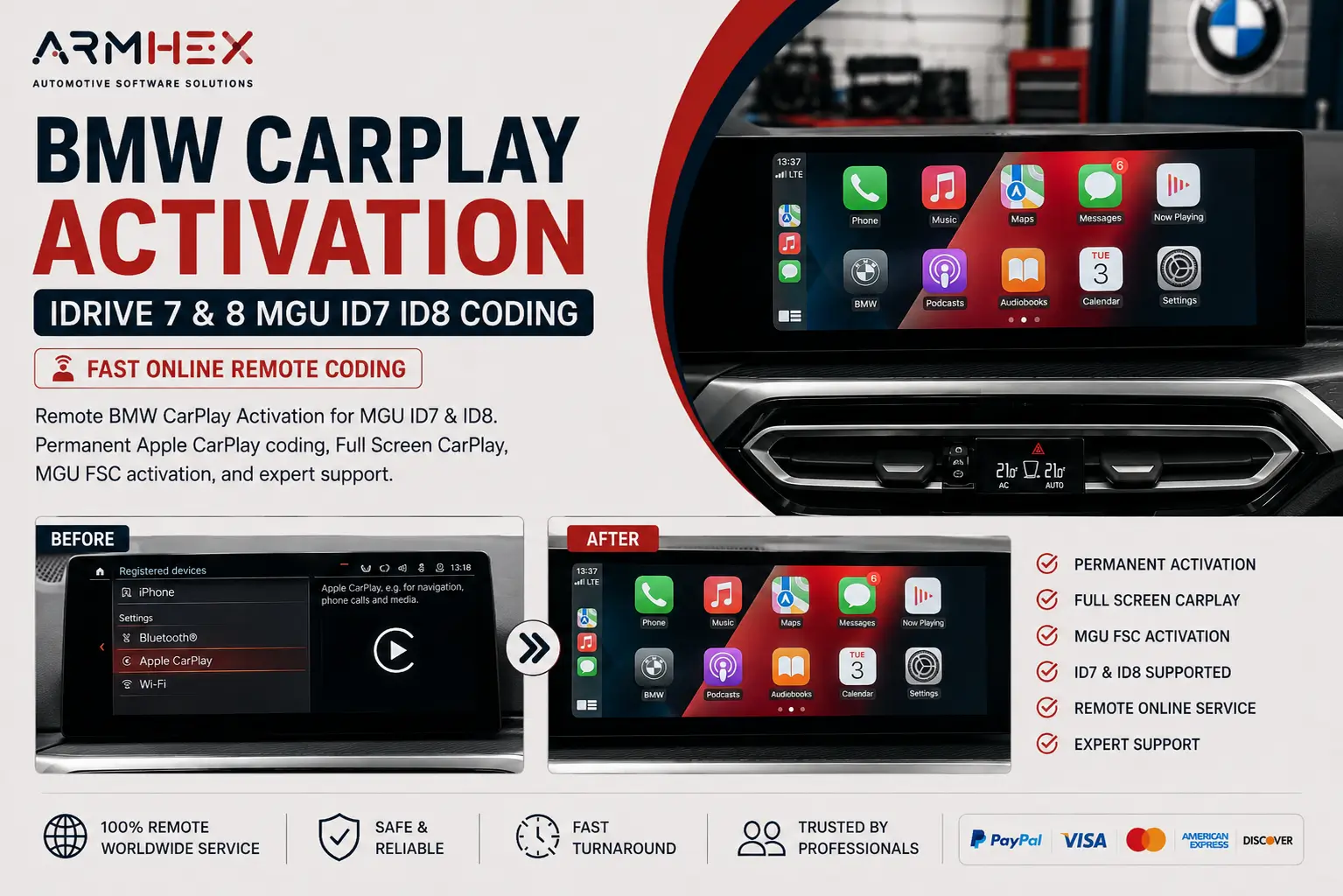 BMW Apple CarPlay Activation for iDrive 7 & 8 MGU Remote Service - ARMHEX